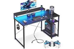 MOTPK Gaming Desk with Led Lights & Power Outlet, 40 Inch Small Computer Desk with Shelves, Reversible Gamer Table with Adjustable Monitor Stand & Headphone Hook, Carbon Fiber Texture Black