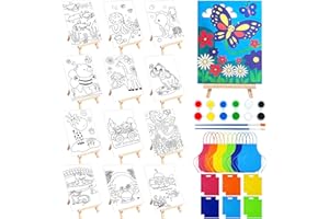 SYTUHETE 48PCS 12 Sets Printed Canvas Paint Art 12 Pcs Wooden Easel Set Paint Pots and Brushes and 12 Pre Drawn Canvas Panel 12 Pcs Mini Apron and Tote Bag for Kids(Animal)