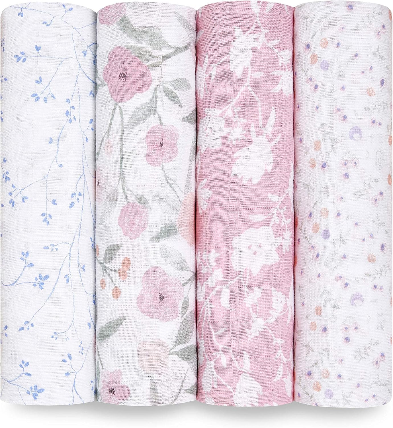 aden + anais 100% Cotton Muslin Swaddle & Receiving Blankets for Baby Girls & Boys, 120x120cm, Ideal Newborn & Infant Swaddling Wrap Set, Perfect Shower Gifts, 4 Pack, ma Fleur