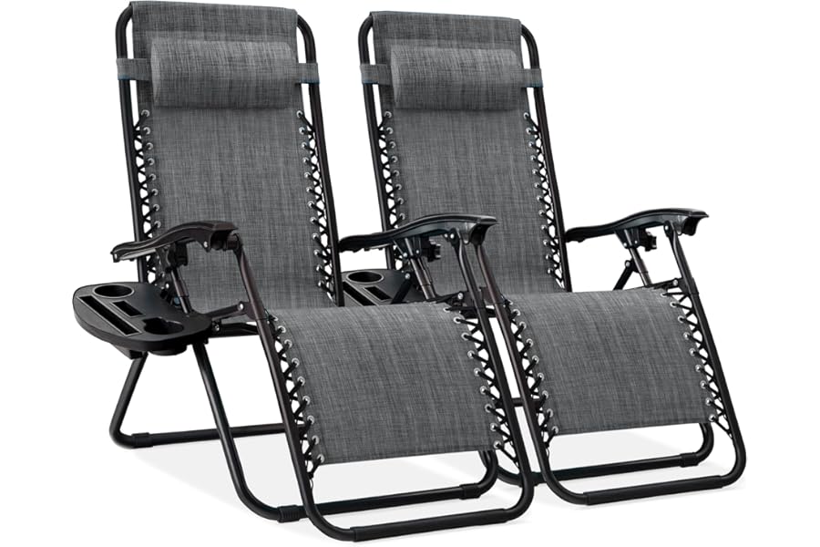 Best Choice Products Set of 2 Adjustable Steel Mesh Zero Gravity Lounge Chair Recliners w/Pillows and Cup Holder Trays - Gray