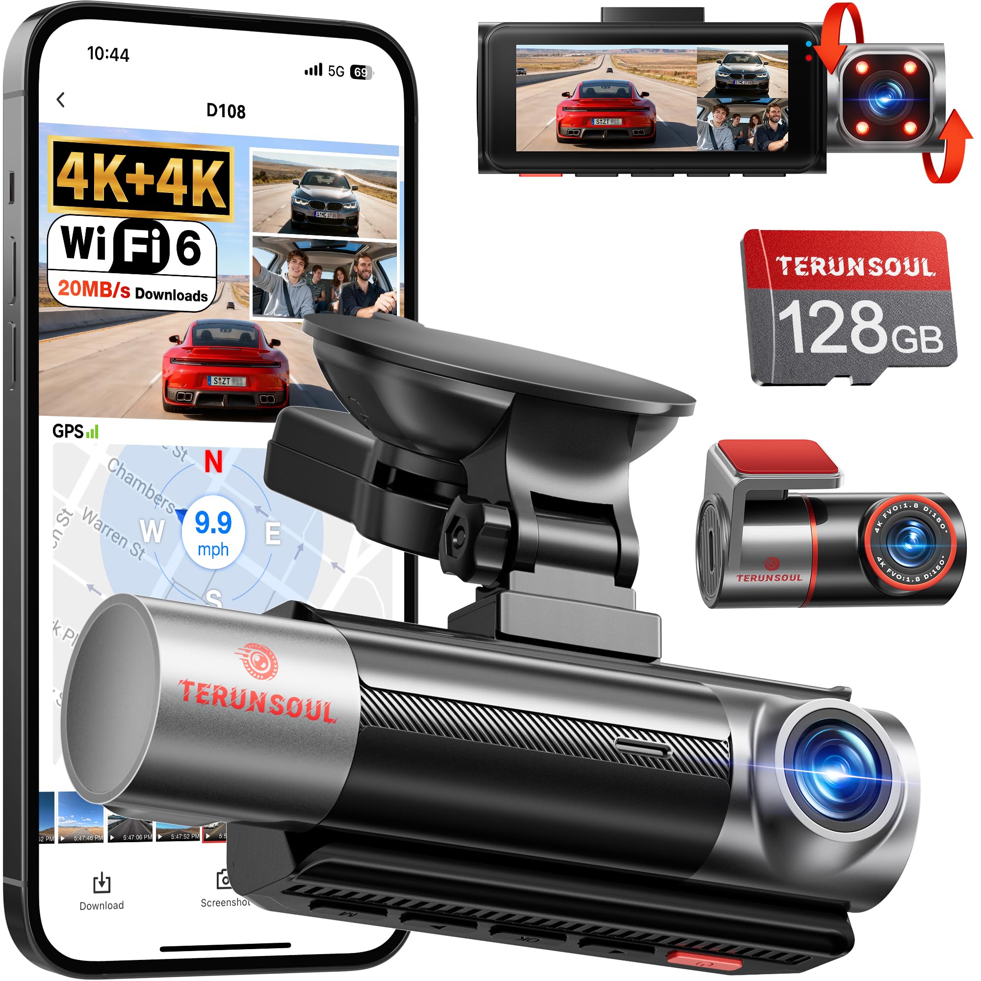 TERUNSOUl 4K+4K+1080P 3 Channel Dash Cam Front and Rear with Cabin, Free 128GB Card Included, 5.8GHz WiFi6 - up to 20MB/s, IR Night Vision, Built-in GPS, G-Sensor, 24H Parking Mode, Support 512GB Max Image