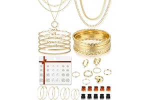 YEEZII 56 Pcs Gold Jewelry Set for Women with 5Pcs Layered Necklace, 5Pcs Layered Necklace, 12 Bracelets, 4 Hoop Earrings, 8 Stackable Rings, 10 hairpins, 12 Studs Earrings Jewerly set for Women