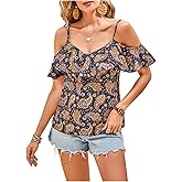 SweatyRocks Women's Paisley Print Cold Shoulder Blouse Ruffle Short Sleeve Boho Shirts