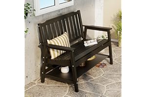 Anbuy Outdoor Bench Weatherproof, 2-Person Adjustable Height Patio Bench with 660lbs Weight Capacity, Garden Potting Bench Never Rot and Fade, Comfort for Porch, Patio, Backyard and Park (Black