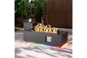 SUNPEAK 42" Propane Fire Pit Table with LED Light - 50,000 BTU with Wind Guard, Lid, Rocks and Cover - Outdoor Gas Fire Pit Rectangle - Coffee Table with Fire Pit (Black/RGB Light, 42" LED)