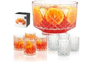 Viski Admiral Punch Bowl Set with 8 Tumblers, Cut Crystal Cocktail Party Serveware, Dishwasher Safe, 2.5 Gallons, 9 Oz Glasse