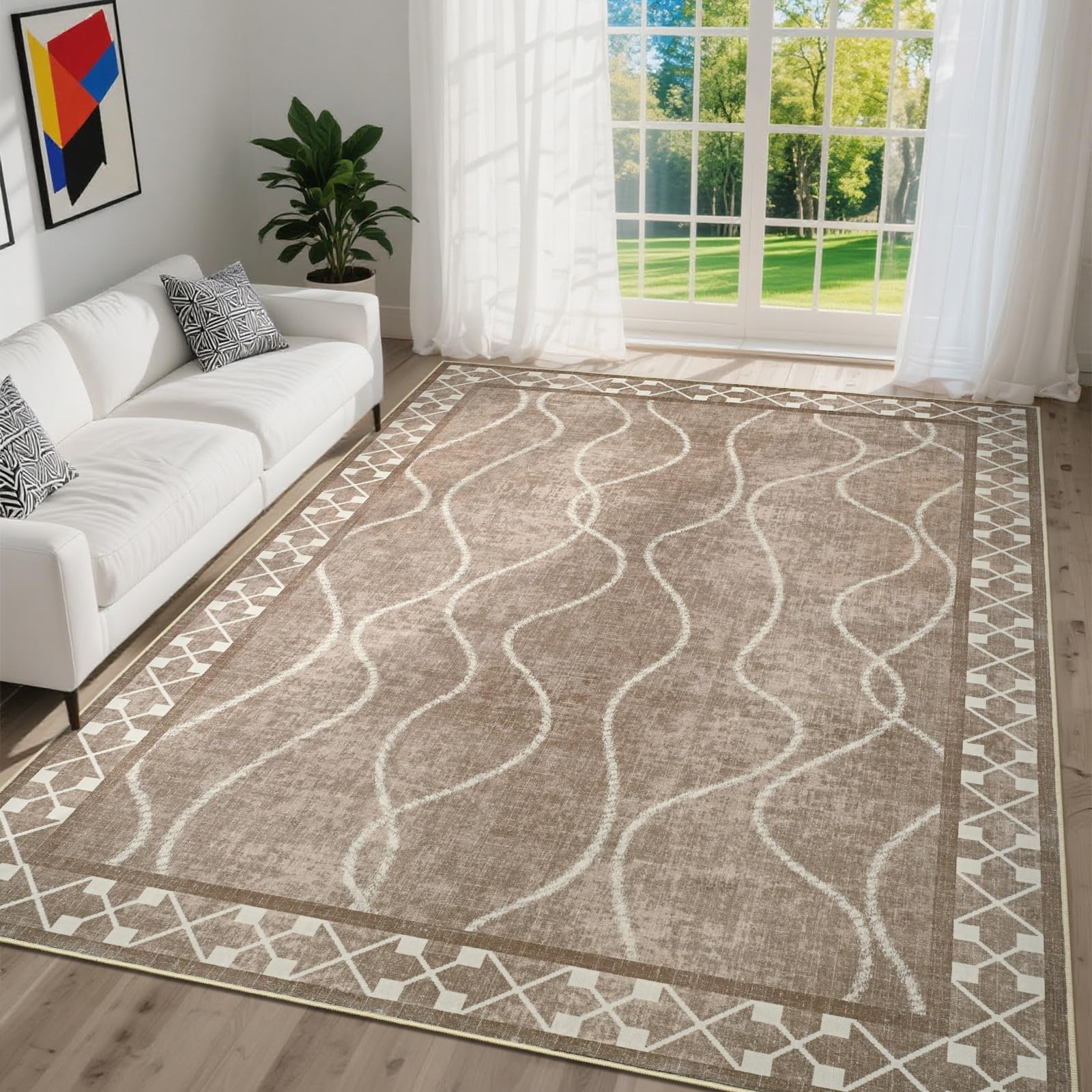 Photo 1 of DweIke Modern 4x6 Area Rugs for Living Room Bedroom, Machine Washable Non-Slip Rubber Backing Bordered Rug, Stain Resistant Low Pile Indoor Floor Throw Carpet for Dining Room Home Decor, Brown