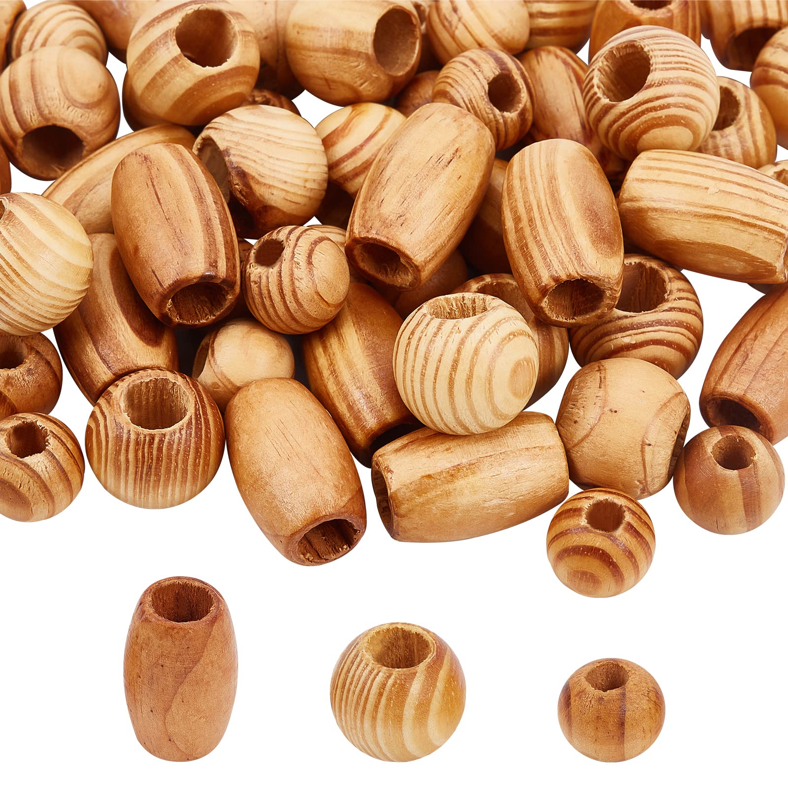 OLYCRAFT 60 Pcs Natural Wood Beads - Large Hole Spacer Beads for Craft Making DIY Jewelry - Barrel & Rondelle