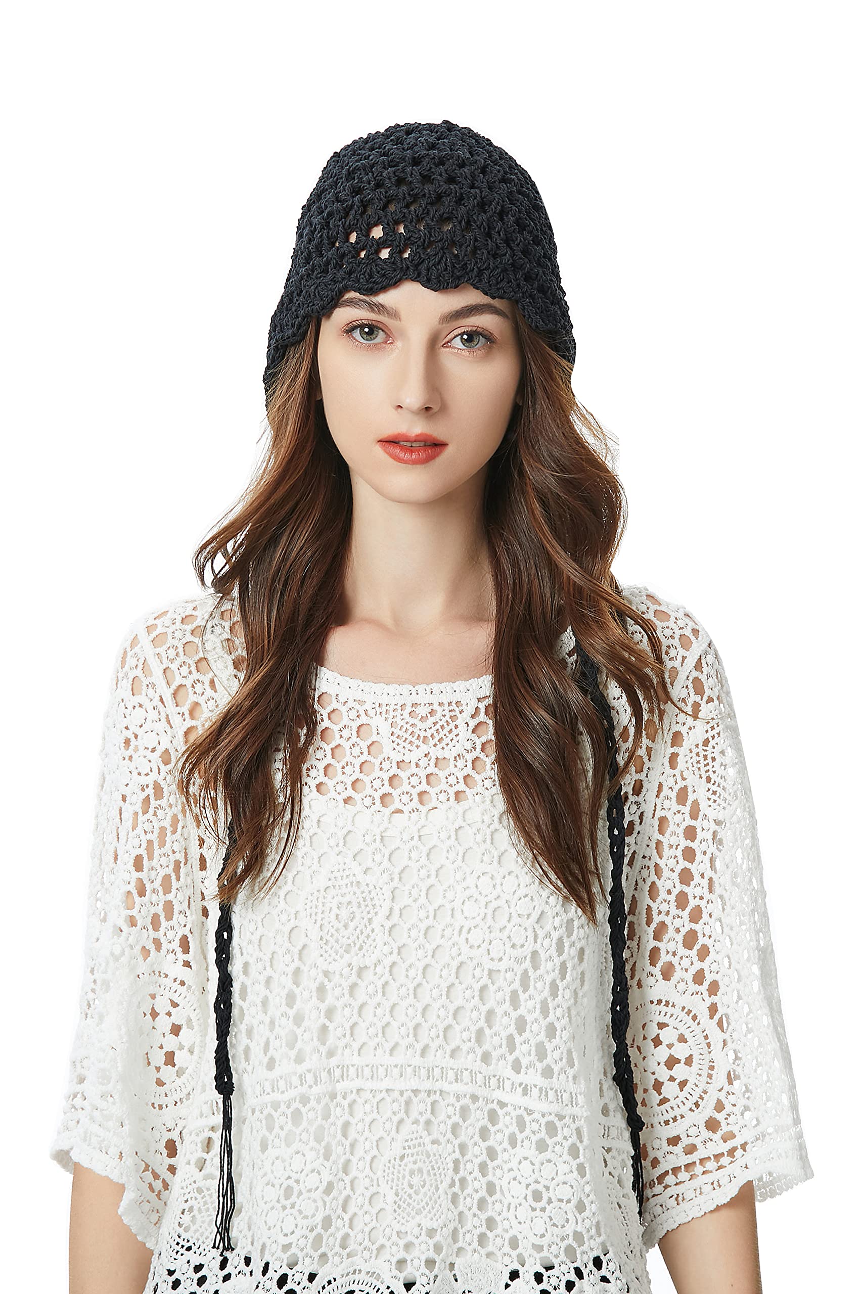 ZLYC Women Cotton Crochet Knit Beanie Hat Handmade Cutout Summer Floral Skull Cap (Plain Black)