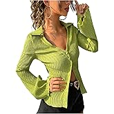 SHENHE Women's Bell Long Sleeve V Neck Button Front Blouse Collared Dressy Going Out Top Shirt