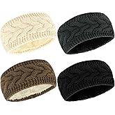 KIUEZIR 4pcs Winter Headbands for Women Girls, Fuzzy Fleece Lined Headband for Winter, Cable Knit Thick Warm Crochet Ear Warmer Fashion Headbands for Gifts