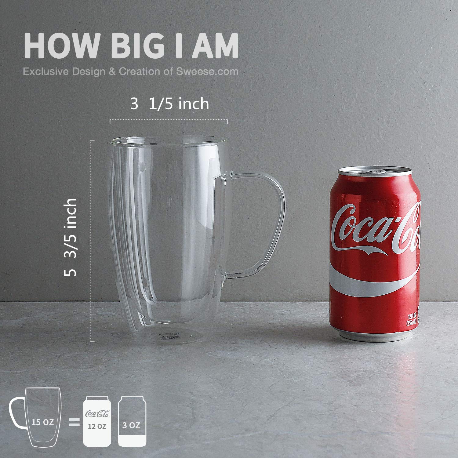 Sweese 4612 Glass Coffee Mugs Set of 2 - Double Wall Tall Insulated Tea Cup with Handle Glassware, Perfect for Cappuccino, Latte, Macchiato, Tea, Juice, Iced Beverages, 15 oz