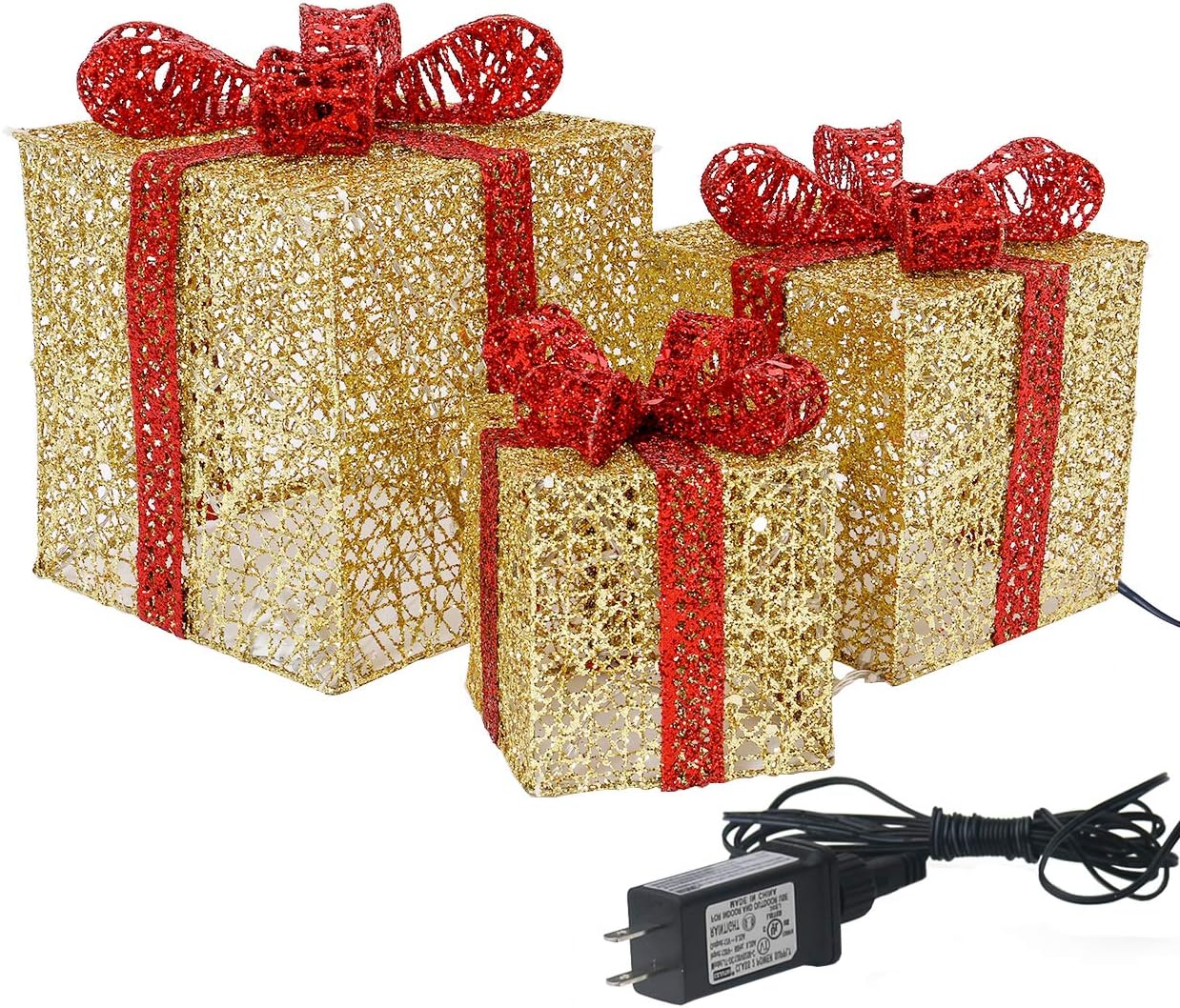 Ornaments - Sunnyglade 10”-8”-6” Set of 3 Christmas Lighted Gift Boxes with Plug for Christmas Decor, Weddings Yard Home Holiday Art Decorations (Gold)