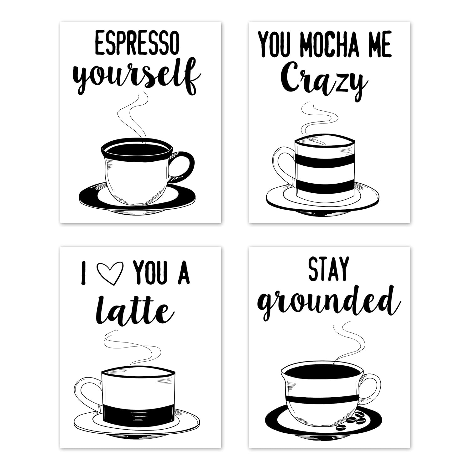 A LuxeHome Kitchen Wall Art Coffee Prints Puns Signs Room Decor - for Home and Dining Decor – Coffee Mugs Tea (Set of 4) Unframed 8 x 10 inches Black & White