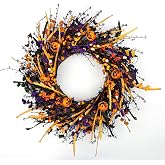 J'FLORU Black Halloween Wreath 22 Inch Artificial Halloween Wreaths for Front Door Black Wreath with Pumpkin Heads Candies Berries for Party Porch Farmhouse Indoor Outdoor