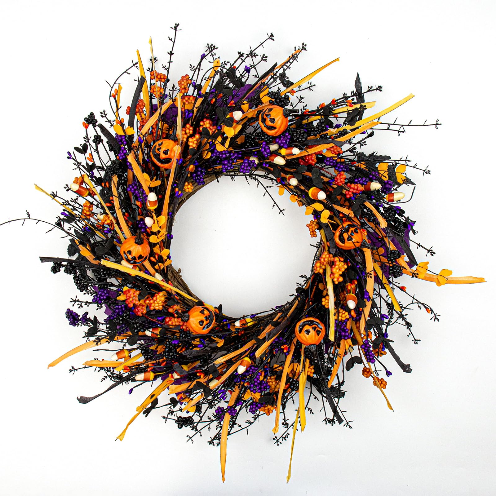 Photo 1 of J'FLORU Black Halloween Wreath 22 Inch Artificial Halloween Wreaths for Front Door Black Wreath with Pumpkin Heads Candies Berries for Party Porch Farmhouse Indoor Outdoor