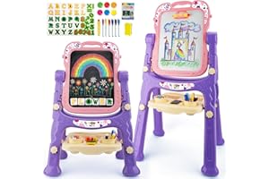 TOY Life Toddler Easel for Girls, Double Sided Adjustable Art Easel with Painting Accessories for Toddler Girl 2-4 Years, Magnetic Rotatable Drawing Chalkboard for Kids Ages 4-8 -Pink