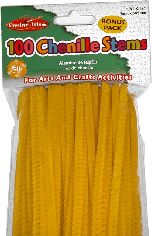 Creative Arts by Charles Leonard Chenille Stems, 4 MM x 12 Inch, Yellow, 100/Bag (65440)
