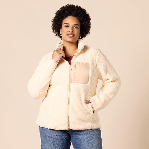 AMAZON ESSENTIALS WOMEN’S SHERPA LONG-SLEEVE MOCK NECK FULL-ZIP JACKET WITH WOVEN TRIM (AVAILABLE IN PLUS SIZE), BEIGE COLOR BLOCK, X-SMALL