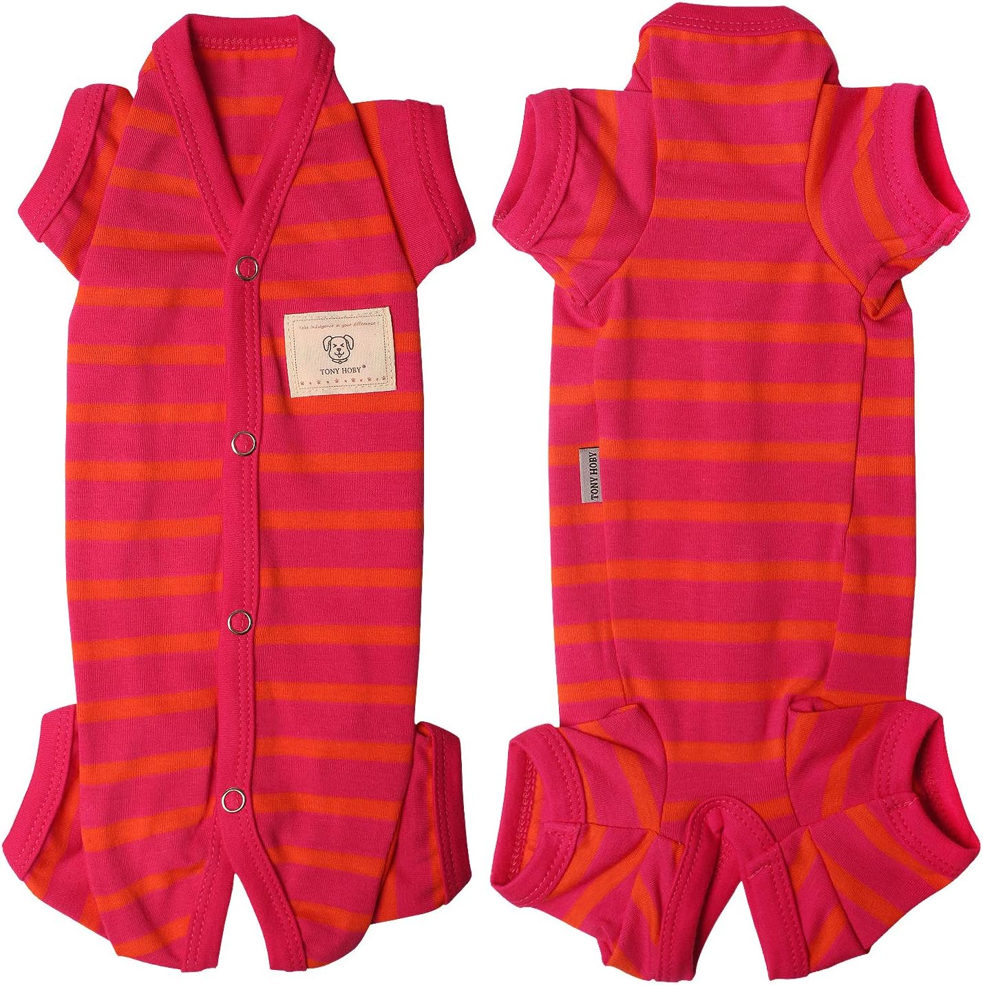 TONY HOBY Dog Pajamas, Female/Male Dog 4 Legged Pajamas, Soft Cotton Dog Jumpsuit with Stripes (Rose Red&Orange, Girl, L)
