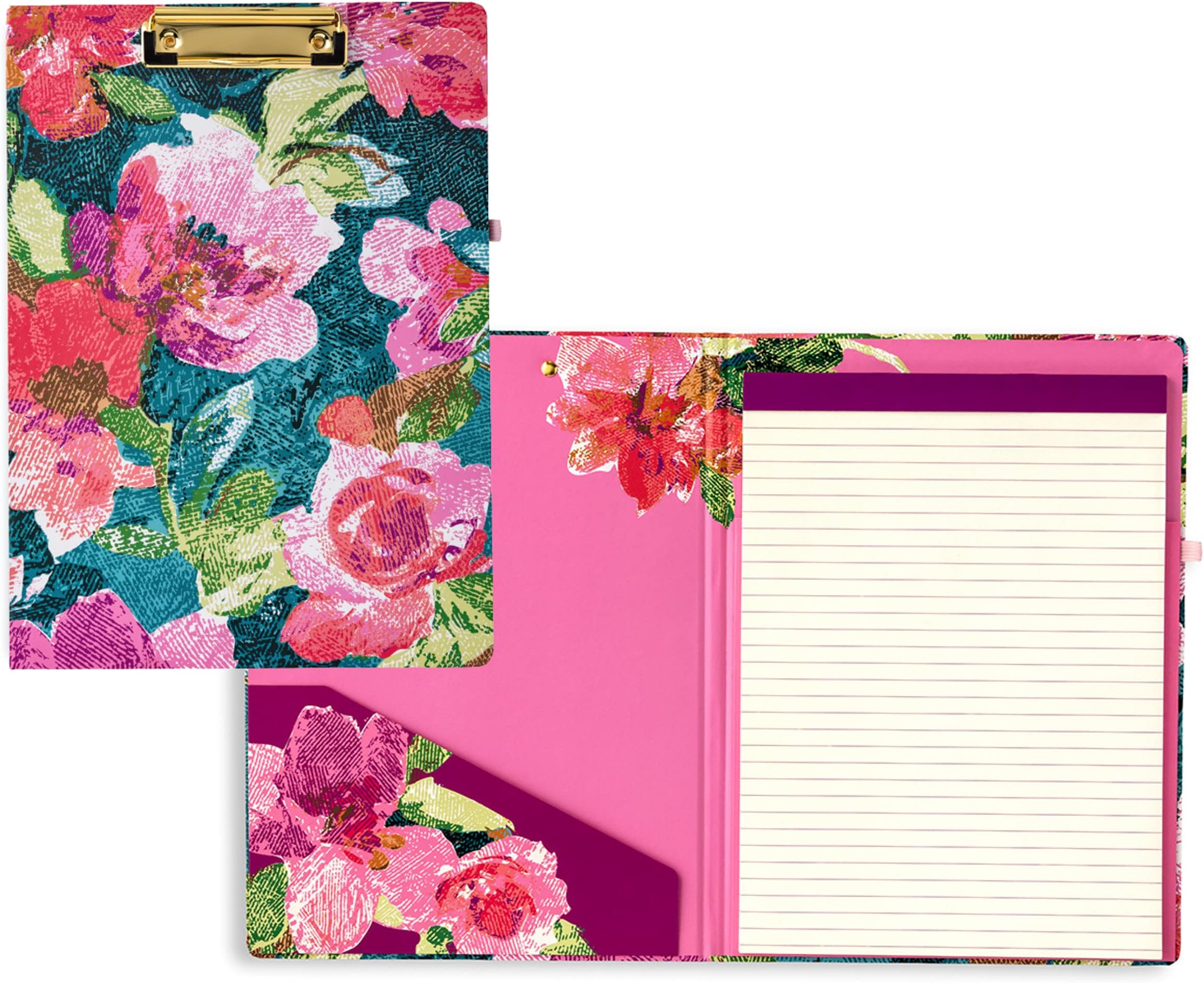 Vera Bradley Clipboard Folio with Refillable Lined Notepad, Pink Floral Padfolio with Interior Pocket and Pen Loop, Superbloom