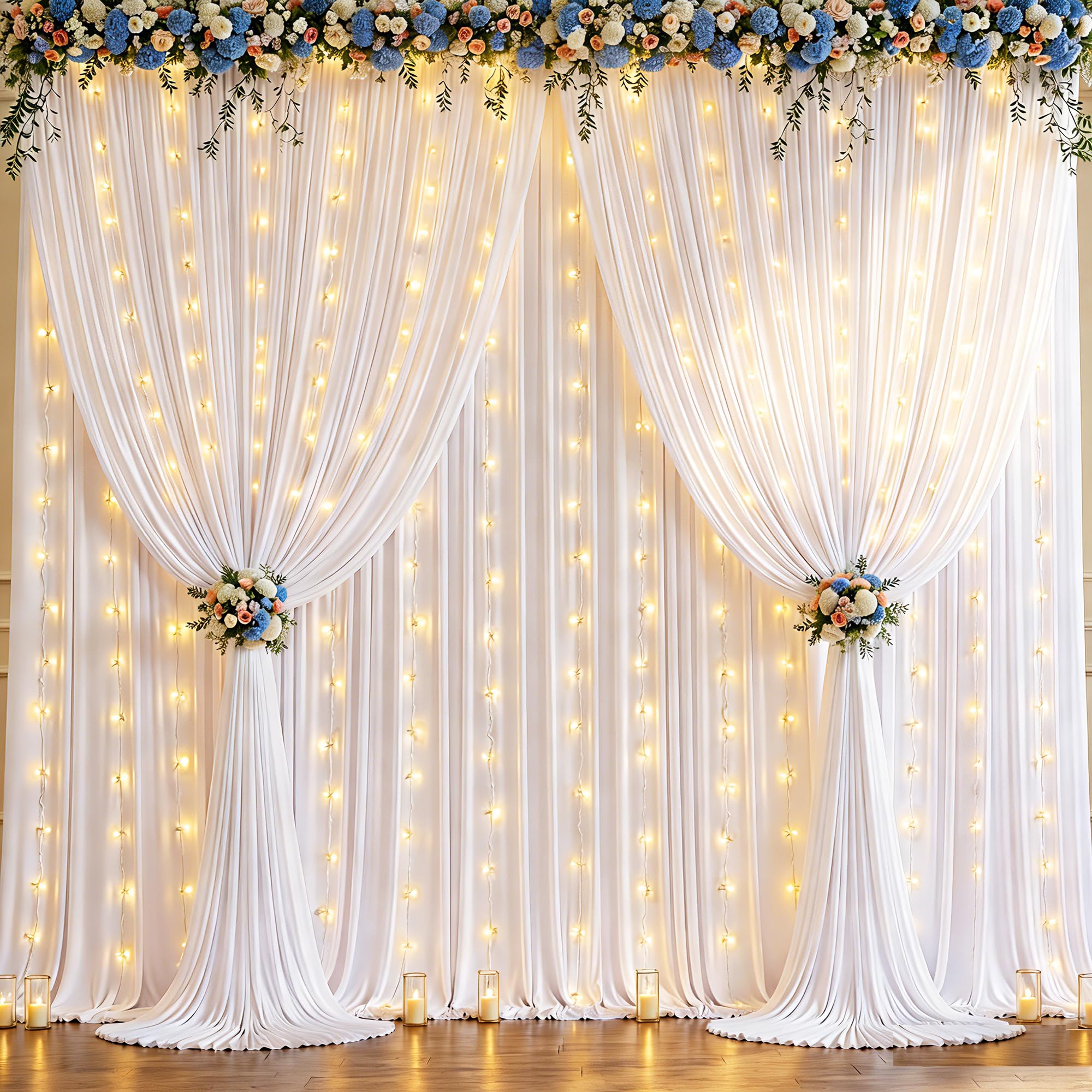 Photo 1 of 10x10ft White Backdrop Curtains with Lights String for Wedding Parties Wrinkle Free Polyester Photo Backdrop Drapes Back Drop Cloth Drapery for Birthday Party Background Decorations 5x10ft, 2 Panels