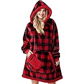 Giggling Getup Wearable Blanket Hoodie for Adults Gifts for Teen Girls Sister Women Sherpa Fleece Printed Hooded Blanket Sweatshirt Warm Cozy with Pocket & Sleeves Red and Black Plaid