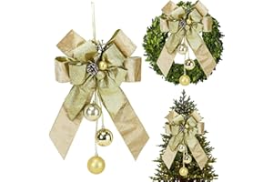 AIMUDI Champagne Gold Christmas Tree Topper Bows 11 x 16 Inches Gold Glitter Bows for Christmas Tree Decorations Velvet Ribbon Bows with Baubles for Wreath, Door, Cabinet, Staircase, 1 PC