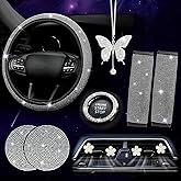 ARTILAURA 11 PCS Bling Car Accessories Set for Women Steering Wheel Covers Butterfly Hanging Seat Belt Cover Cute Air Vent Clips Coasters Glitter Diamond AUTO Interior kit (White)