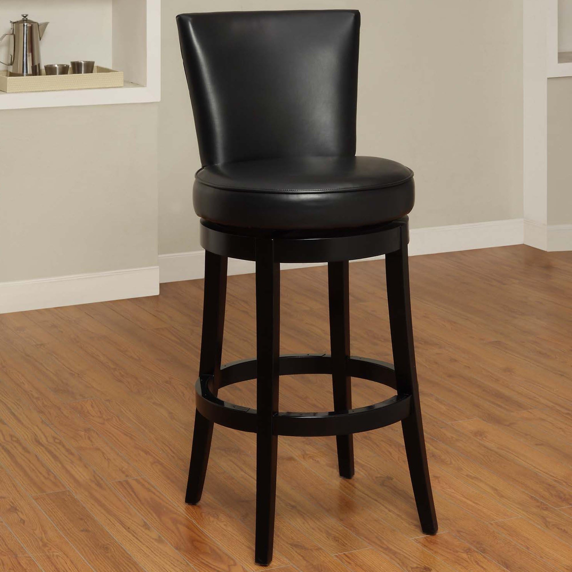 Armen Living Boston 26" Counter Height Swivel Barstool in Black Bonded Leather and Black Wood Finish