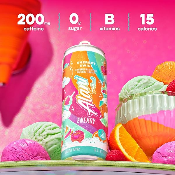 ALANI NU SHERBET SWIRL SUGAR FREE, LOW CALORIE ENERGY DRINKS, 200MG CAFFEINE, BIOTIN B VITAMINS, ZERO SUGAR, 10 CALORIES, 12 FL OZ CANS, 24 PACK