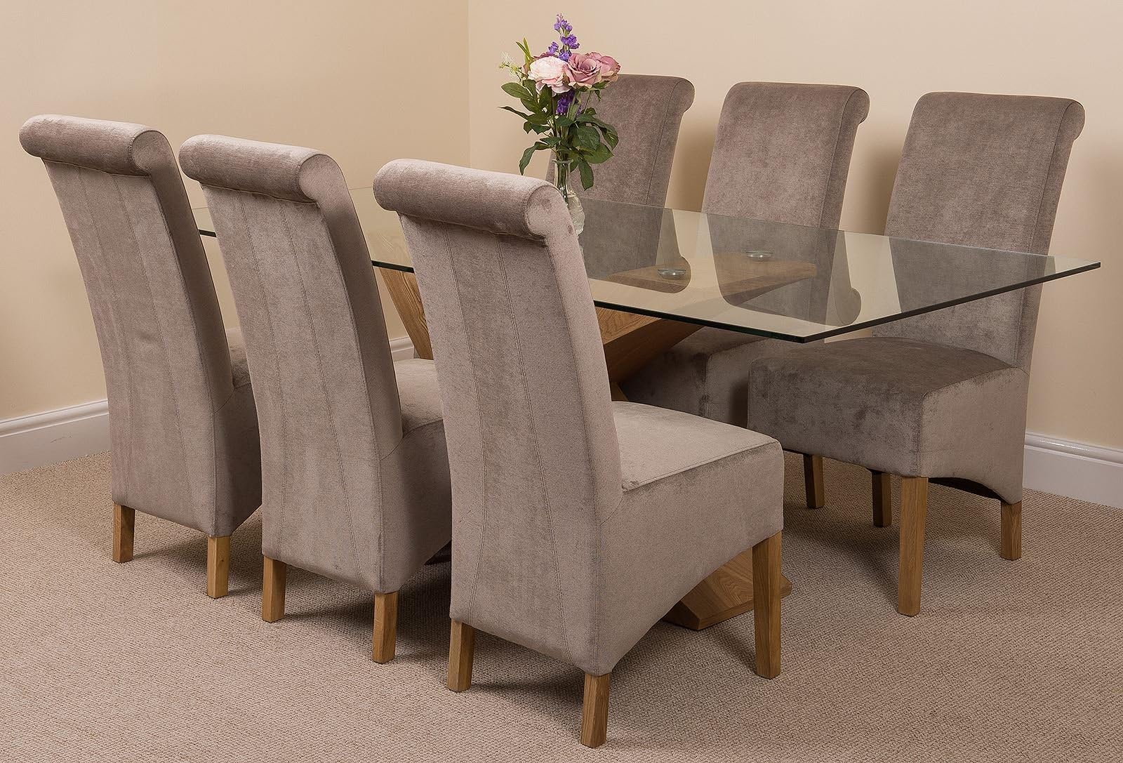 Valencia Large Oak 200cm Modern Glass Dining Set Table + 6 Grey Fabric Chairs