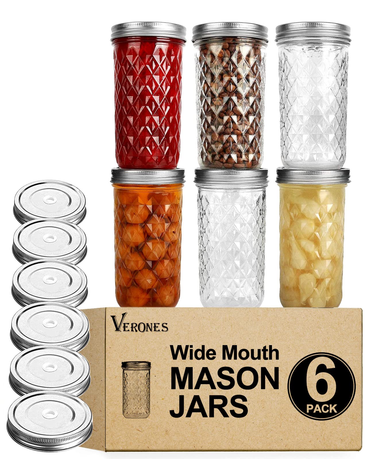 Photo 1 of VERONES Wide Mouth Mason Jars 22 oz, 22 OZ Mason Jars Canning Jars Jelly Jars With Wide Mouth Lids, Ideal for Jam, Honey, Wedding Favors, Shower Favors, 6 PACK,EXTRA 6 Lids with Straw Hole