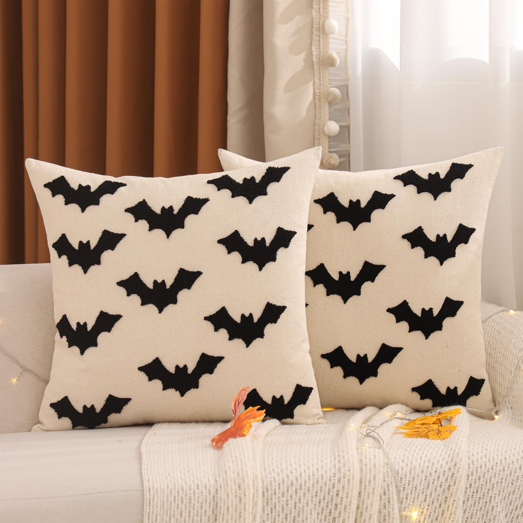 Photo 1 of Tosleo Halloween Throw Pillow Covers 20x20 inch Set of 2 Black 3D Bats Embroidery Pillow Cases Thanksgiving Holiday Cushions Covers Home Party Fall Decor Pillowcases Cushion Covers for Sofa Bed Couch