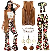 GERVAISE Womens 60s 70s Outfit Disco Hippie Costume Fringe Vest Boho Pants Accessories Set