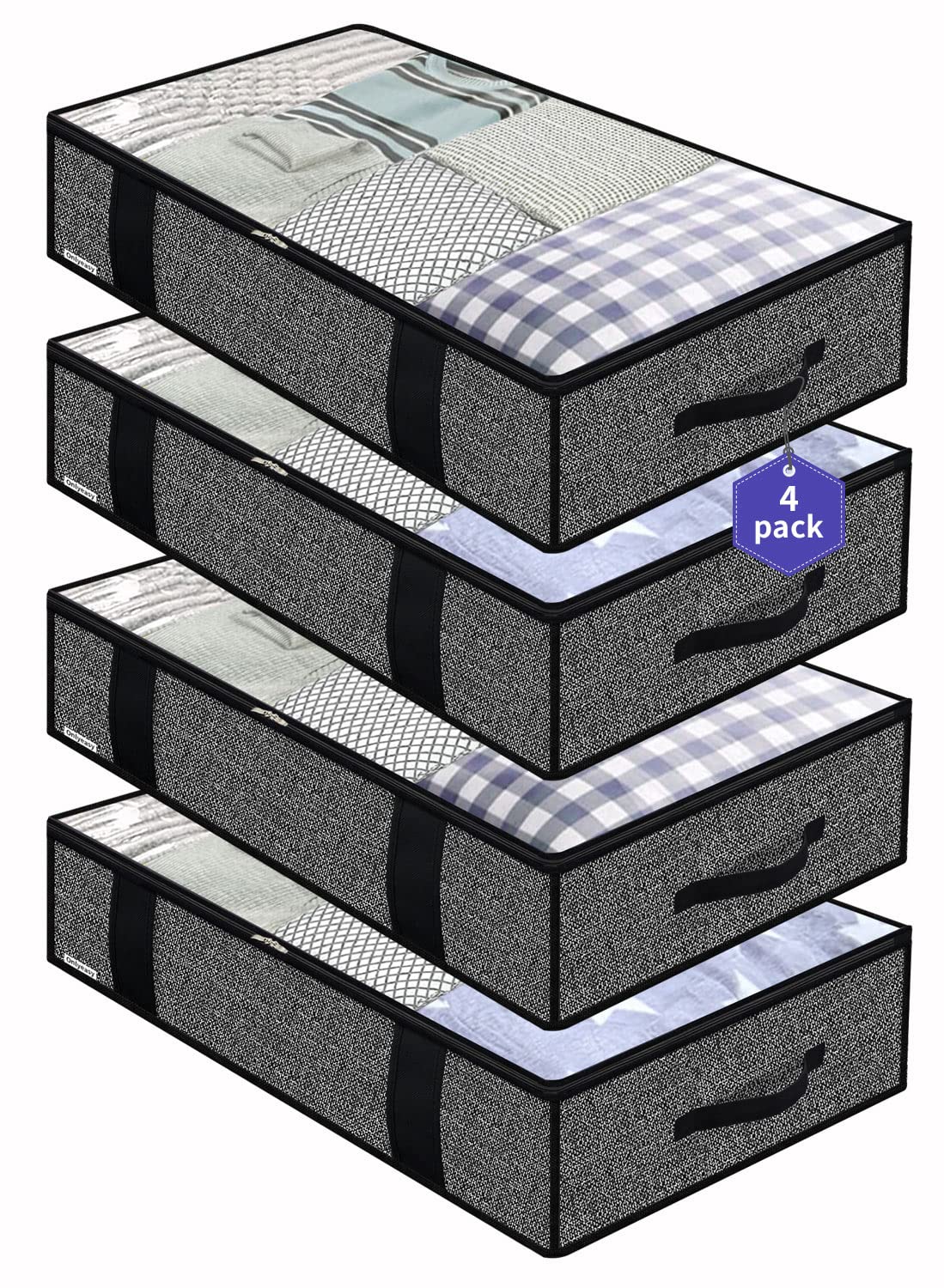 Photo 1 of *INCOMPLETE* 3-PACK ONLY** Onlyeasy 3 Pack Under Bed Clothes Storage Bags Organizer with Reinforced Handles and Zippers, Foldable Underbed Storage Container Bags for Blankets, Comforters, Bedding, Linen-like Black, MXAUBBP3