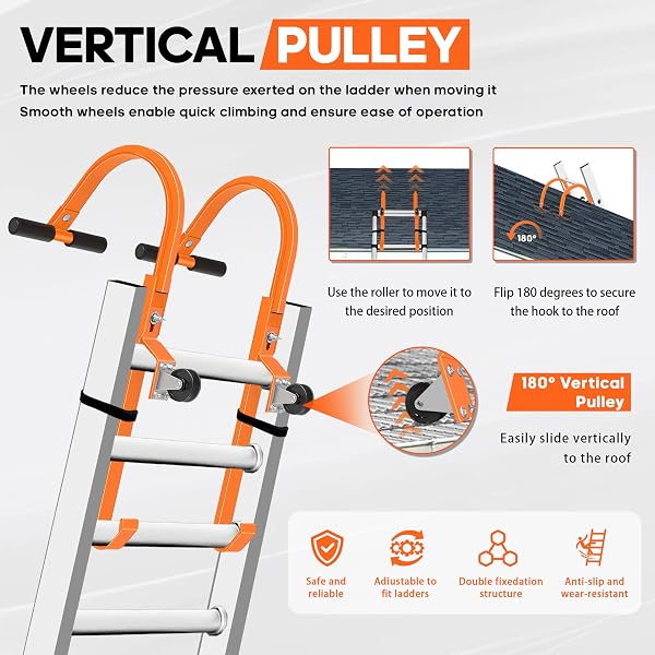 VONLX 2 PACK LADDER ROOF HOOKS, HEAVY DUTY STEEL EXTENSION LADDER ROOF STABILIZER WITH WHEELS FOR ROOF EXTENSION WITH RUBBER GRIP T-BAR, 500 LB LOAD CAPACITY, EASY TO ACCESS STEEP ROOFS