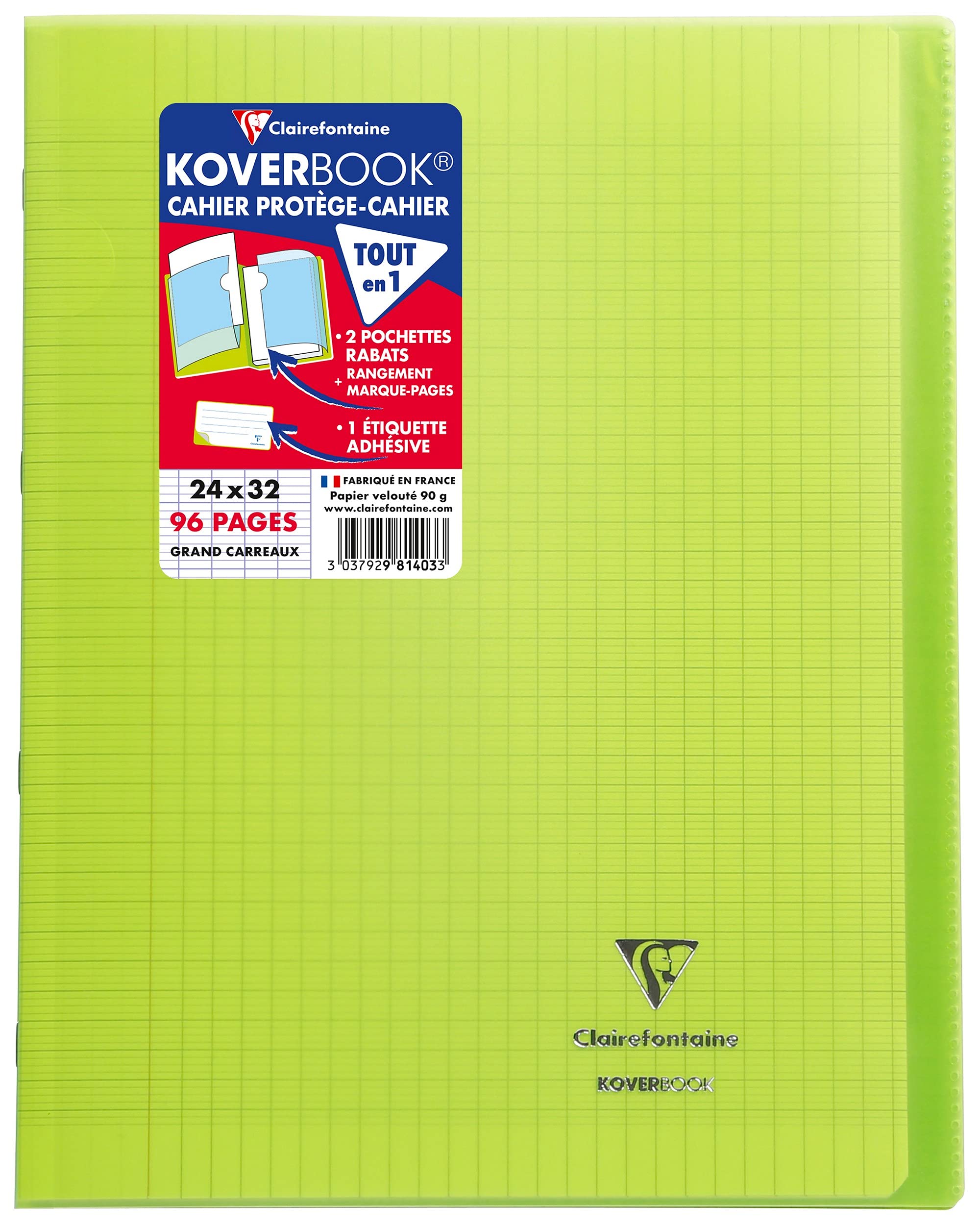 Clairefontaine 981403C - One Green Koverbook Stapled Notebook - Dimensions: 24 cm x 32 cm - 96 Seyes Ruled Pages - White Vellum Paper 90 g - Polypro Cover