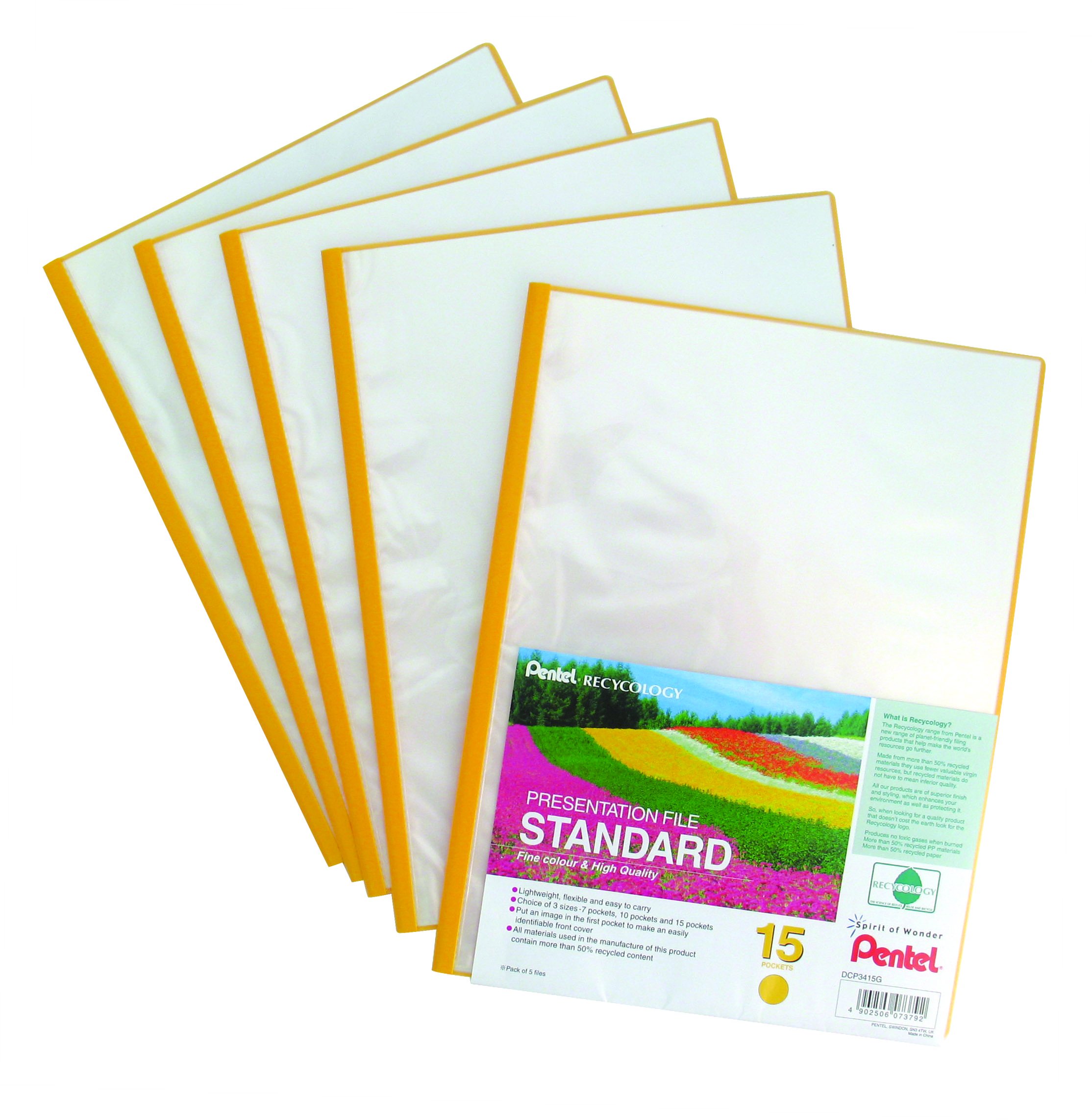 Recycology Presentation File with 15 Pockets - Yellow (Pack of 5)