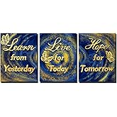 LevvArts 3 Piece Blue and Gold Canvas Decor Motivational Quotes Wall Art Life Inspirational Positive Sign Saying Poster Painting Artwork Framed for Home Living Room Bedroom Decorations Framed