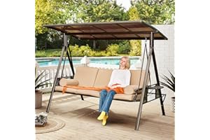 YOLENY Oversized Outdoor Porch Swing with Hardtop, 3 Seat Patio Swing with 2 Side Cup Holder, 3-in-1 Convertible Backrest Swing Bed with Cushion, 2 Pillows for Front, Porch, Lawn