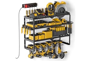 Spampur Power Tool Organizer Wall Mount with Charging Station, 6 Drill Holders and 4 Layers Garage Organization, Tool Battery Holde with 4 Outlet Power Strip, Tool Storage for Workshop, Gifts for Men