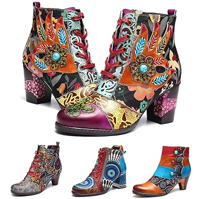 Camfosy Damen Stiefeletten mit Absatz,Warme Pelz Gefüttert Leder Bunter Druck Entwurf Spleißen Kurze Stiefel Chunky Zipper Sc