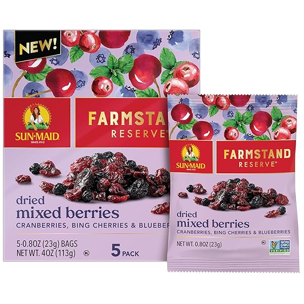 SUN-MAID FARMSTAND RESERVE DRIED MIXED BERRIES – (5 PACK) 0.8 OZ SNACK BAG – DRIED FRUIT SNACK FOR NATURAL SWEETENERS