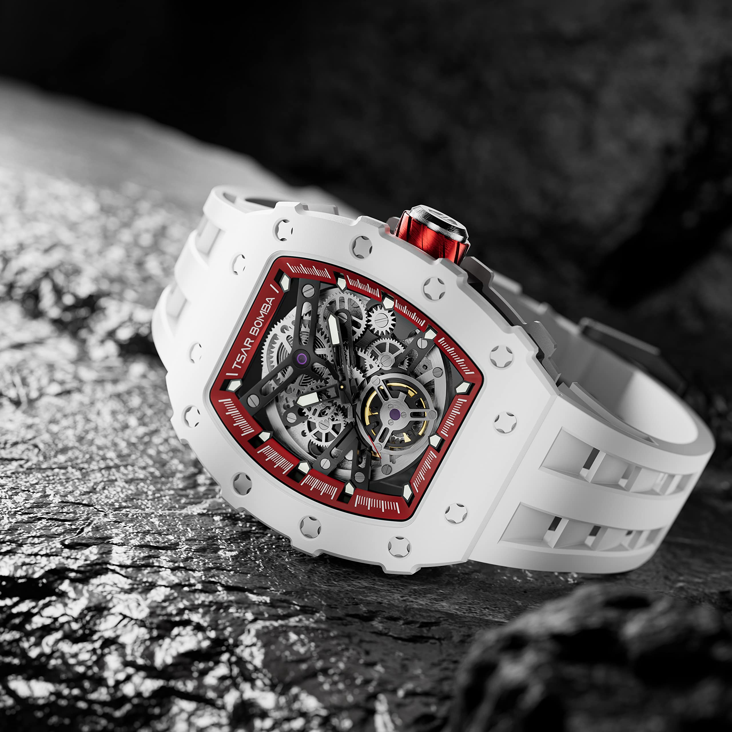 TSAR BOMBA Watch for Men, 50M Waterproof Automatic Mens Watch, Skeleton Mechanical Tonneau Big Face Dial Black Watch with Silicone Watch Bands, Gifts for Men