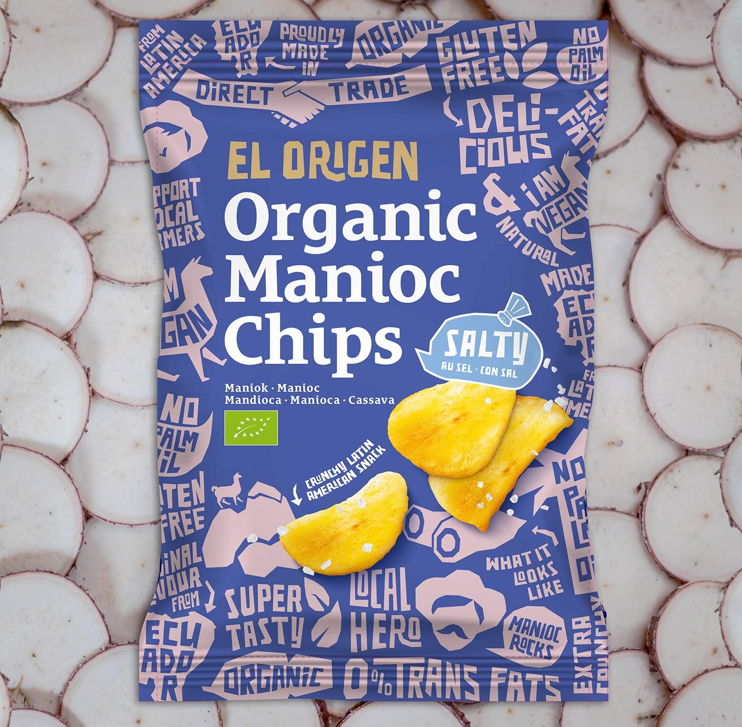 el origen Bio‑Maniok Chips mit Meersalz 8×60 g - vegan, glutenfrei, palmölfrei, direkt geerntet & produziert in Ecuador, extra crunchy, nur drei Zutaten: Maniok, Sonnenblumenöl 4