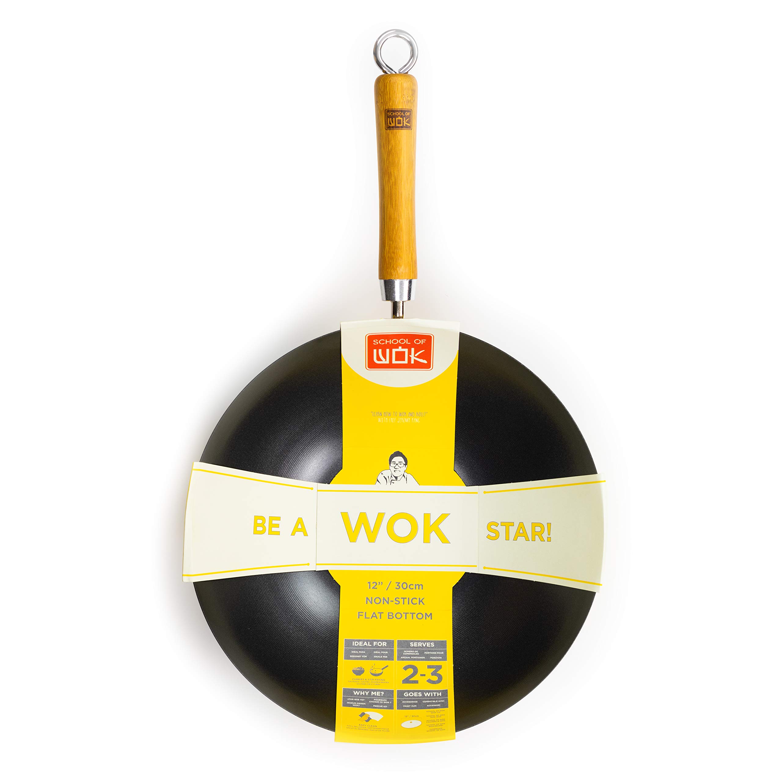 School of Wok - 12"/30cm Non Stick Heavy Duty Carbon Steel Flat Bottom Wok, Induction Hobs with Bamboo Wooden Handle