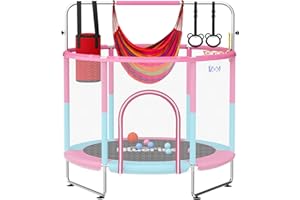 BLUERISE 55IN 6FT Toddler Trampoline for Kids Indoor Outdoor Play for Kids Trampoline Basketball Hoop Attachment with Enclosure Net Easy to Assemble