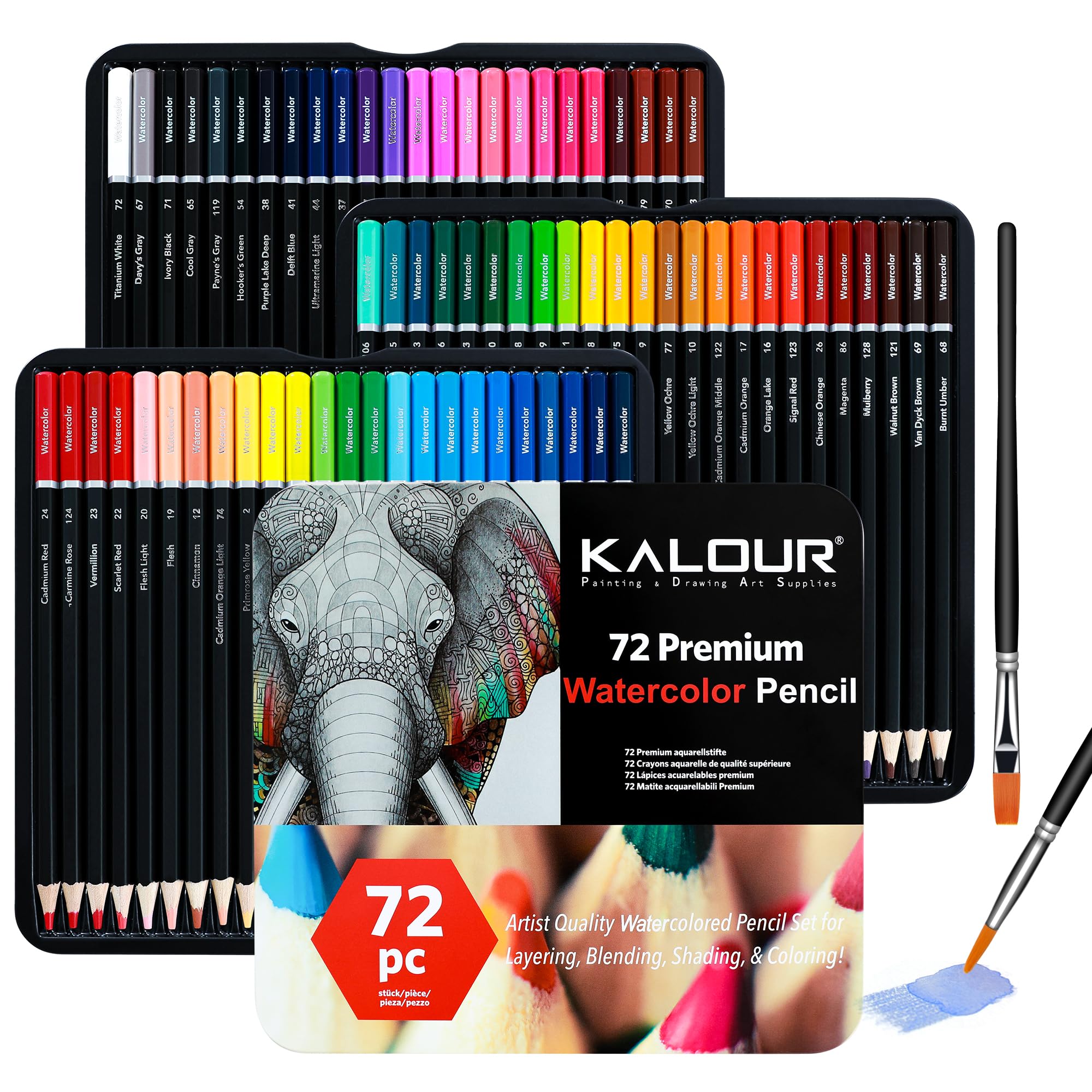 KALOUR Professional Watercolor Pencils with 2 Brush - 72 Colors - Beautiful Blending Effects with Wet or Dry - Ideal for Coloring Book - Water Soluble Pencils for Kids Adults Beginners