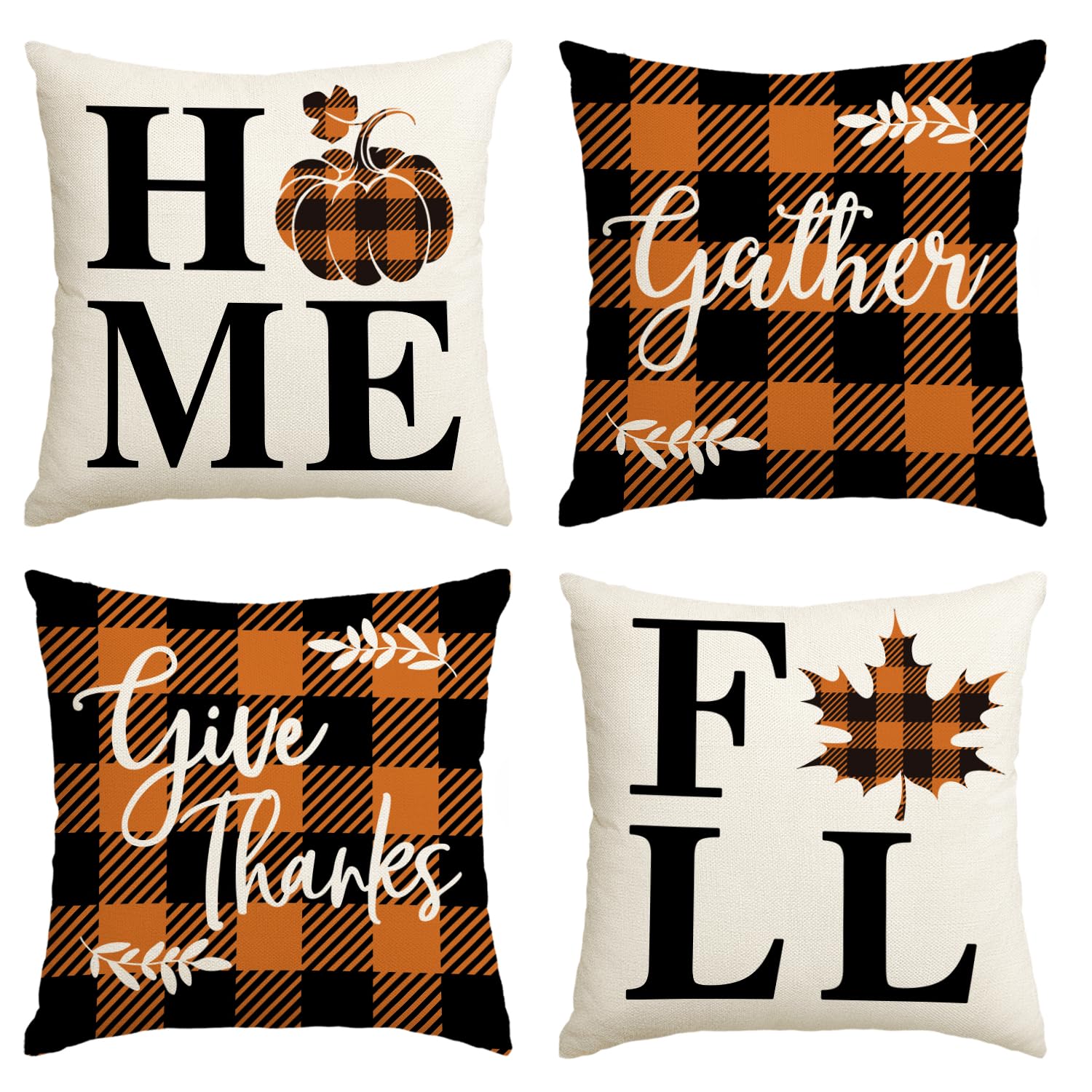 Photo 1 of AVOIN colorlife Home Fall Buffalo Check Plaid Pumpkin Maple Leaf Throw Pillow Cover, 18 x 18 Inch Autumn Give Thanks Gather Farmhouse Cushion Case for Sofa Couch Set of 4